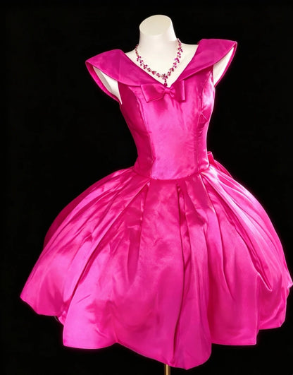 Fuchsia Satin Off‑Shoulder Homecoming Dress Bow Lace‑Up Short Party Gown F0018