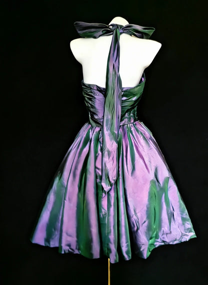 Iridescent Purple Green Halter Homecoming Dress Ruched Short Satin Party Gown F0020