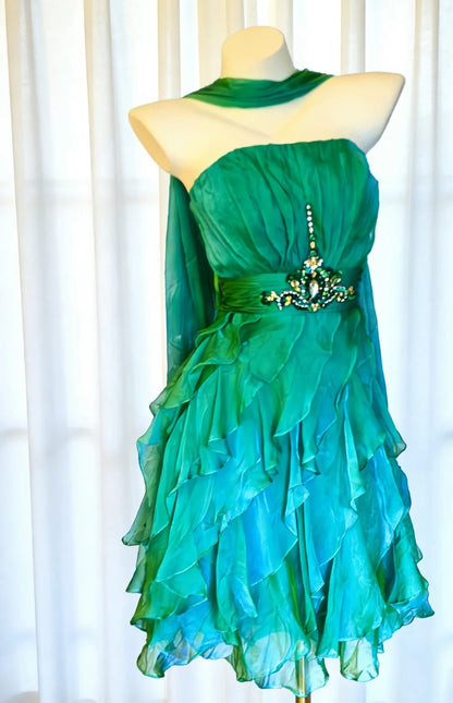 Green‑Blue Ombre Chiffon Homecoming Dress Beaded Ruffled Short Party Gown F0022