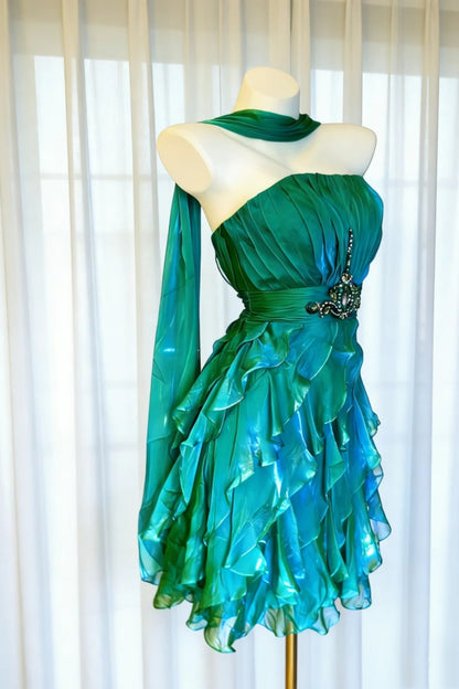 Green‑Blue Ombre Chiffon Homecoming Dress Beaded Ruffled Short Party Gown F0022