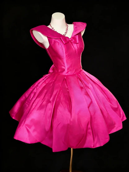 Fuchsia Satin Off‑Shoulder Homecoming Dress Bow Lace‑Up Short Party Gown F0018
