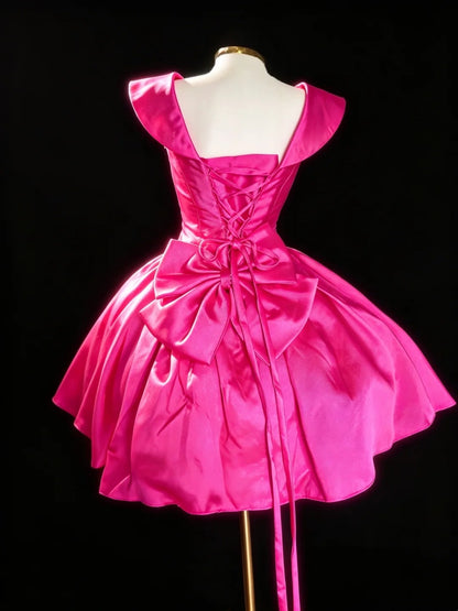 Fuchsia Satin Off‑Shoulder Homecoming Dress Bow Lace‑Up Short Party Gown F0018