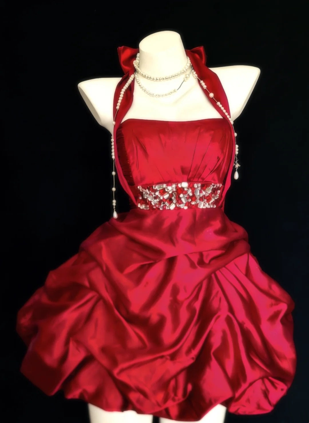 Burgundy Satin Halter Homecoming Dress Rhinestone Waist Ruffled Short Party Gown F0019