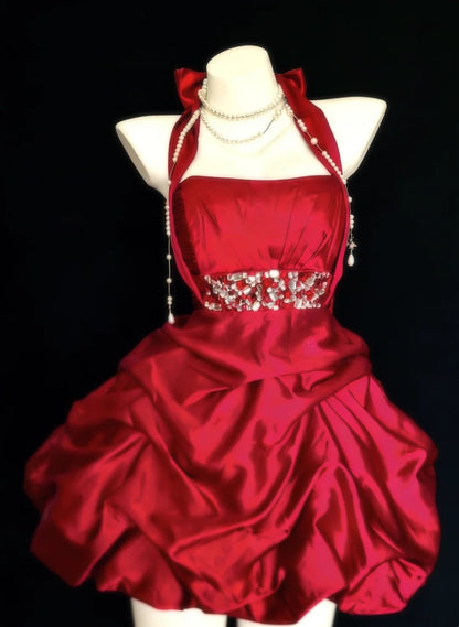 Burgundy Satin Halter Homecoming Dress Rhinestone Waist Ruffled Short Party Gown F0019