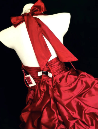 Burgundy Satin Halter Homecoming Dress Rhinestone Waist Ruffled Short Party Gown F0019