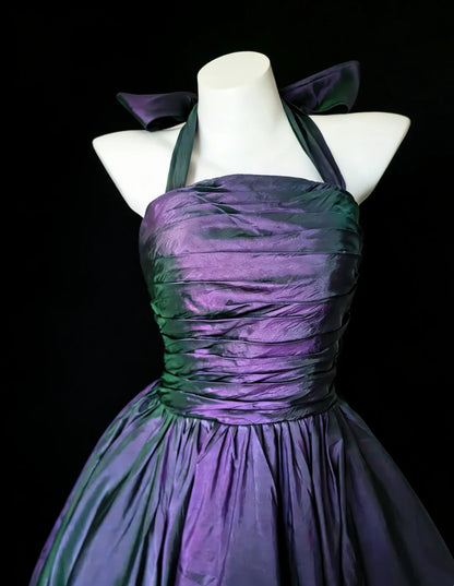 Iridescent Purple Green Halter Homecoming Dress Ruched Short Satin Party Gown F0020