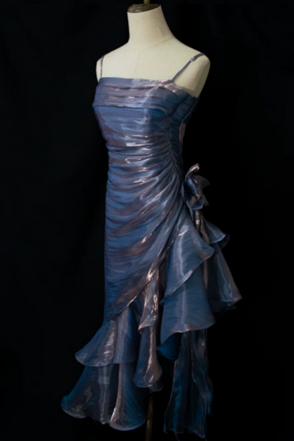 Iridescent Blue Holographic Spaghetti Strap Formal Dress, Ruched Asymmetrical Ruffle Party Dress L009