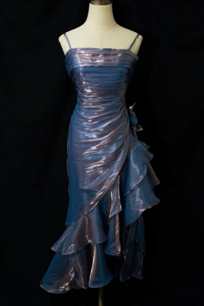 Iridescent Blue Holographic Spaghetti Strap Formal Dress, Ruched Asymmetrical Ruffle Party Dress L009