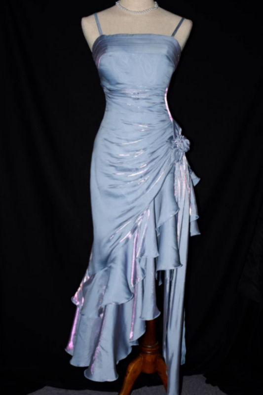 Iridescent Blue Holographic Spaghetti Strap Midi Formal Dress, Ruched Ruffle Floral Party Dress L007