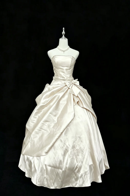 （Proprietary Color）Quinceanera Dress Satin Strapless Ball Gown With Rhinestone Belt Big Bow Formal Princess Dress F004