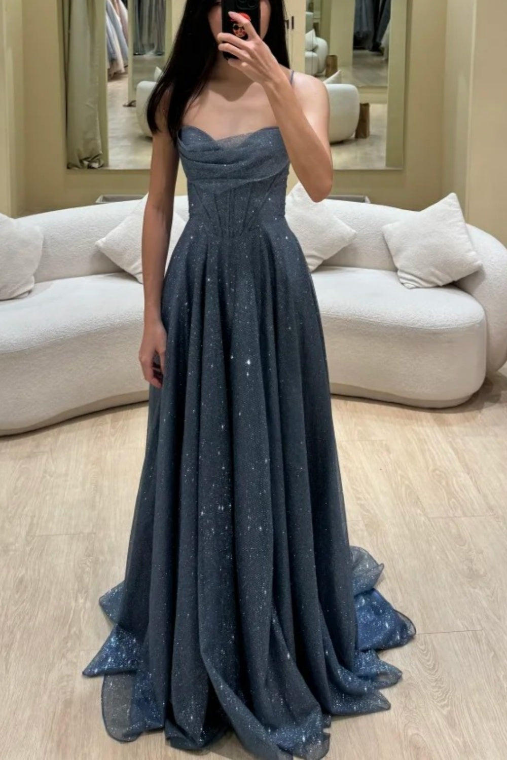 Starlight Dusty Blue Glitter Tulle Strapless Evening Gown with Flowing Full Skirt Elegant Formal Dress Floral039