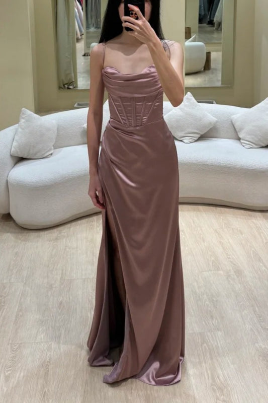 Dusty Rose Satin Slip Dress with Corset Waist and Side Slit Luxury Evening Gown Floral040