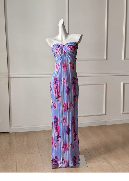 Lavender Floral Print Strapless Twist Pleated Vacation Beach Maxi Dress F0489