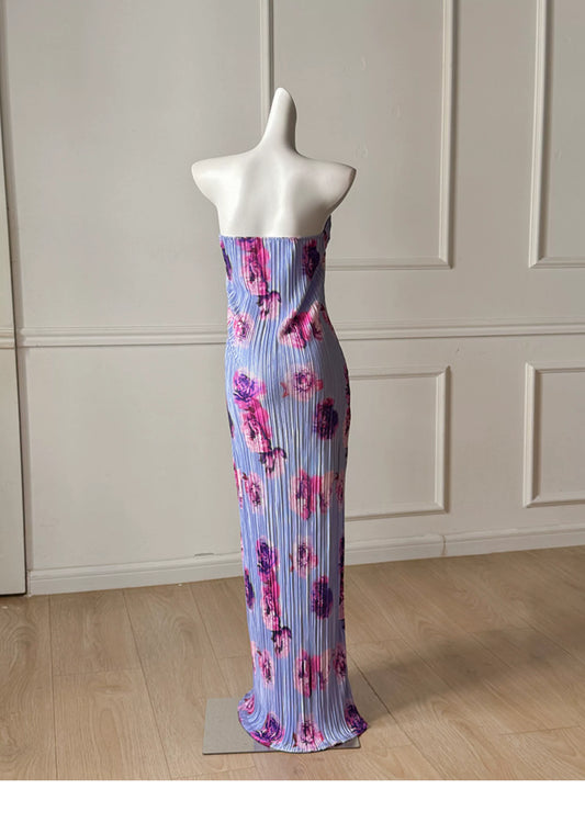 Lavender Floral Print Strapless Twist Pleated Vacation Beach Maxi Dress F0489