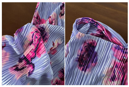Lavender Floral Print Strapless Twist Pleated Vacation Beach Maxi Dress F0489