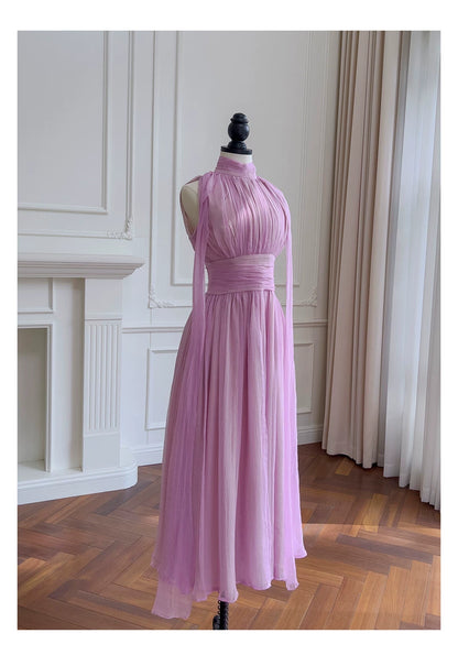 Lavender Halter Chiffon Maxi Dress Sleeveless Flowy Bridesmaid Gown F0434