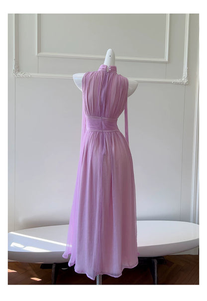 Lavender Halter Chiffon Maxi Dress Sleeveless Flowy Bridesmaid Gown F0434
