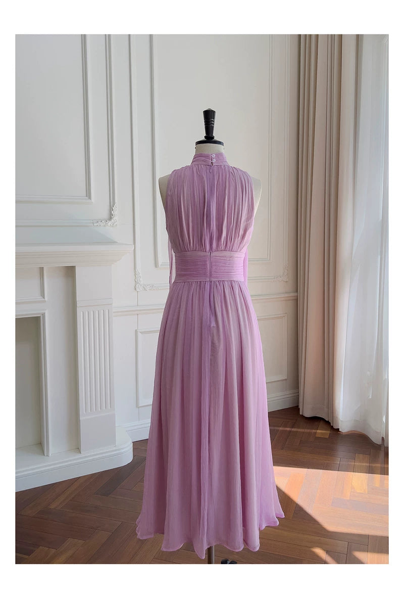 Lavender Halter Chiffon Maxi Dress Sleeveless Flowy Bridesmaid Gown F0434