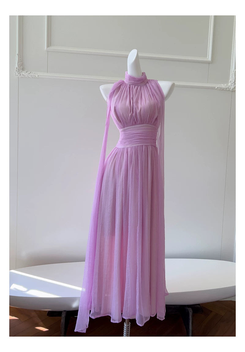 Lavender Halter Chiffon Maxi Dress Sleeveless Flowy Bridesmaid Gown F0434