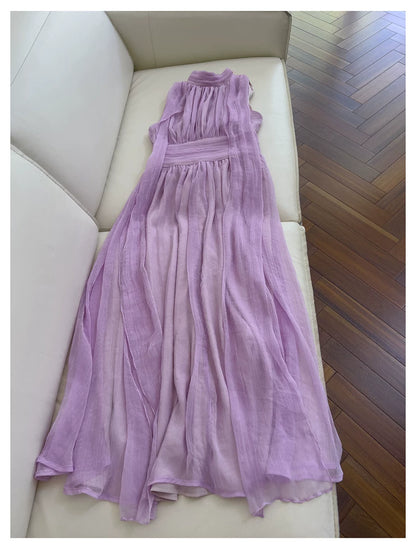 Lavender Halter Chiffon Maxi Dress Sleeveless Flowy Bridesmaid Gown F0434