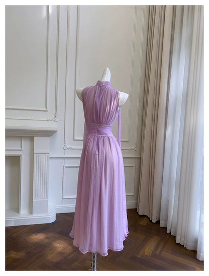 Lavender Halter Chiffon Maxi Dress Sleeveless Flowy Bridesmaid Gown F0434