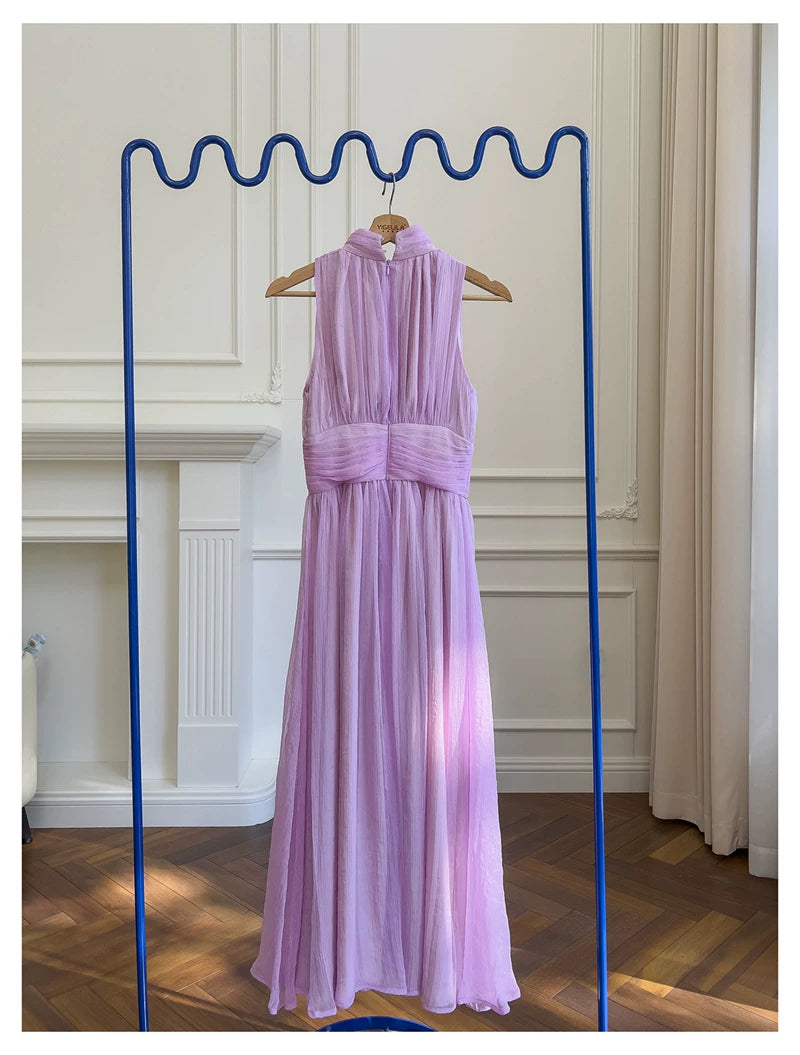 Lavender Halter Chiffon Maxi Dress Sleeveless Flowy Bridesmaid Gown F0434