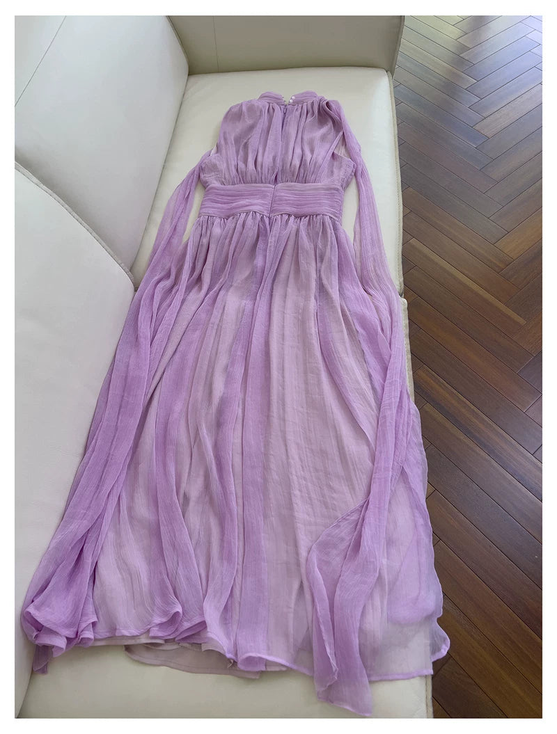 Lavender Halter Chiffon Maxi Dress Sleeveless Flowy Bridesmaid Gown F0434