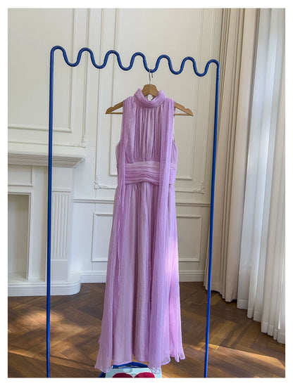 Lavender Halter Chiffon Maxi Dress Sleeveless Flowy Bridesmaid Gown F0434