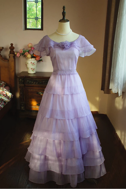 Lavender Off Shoulder Tiered Chiffon Formal Dress with 3D Flower L033