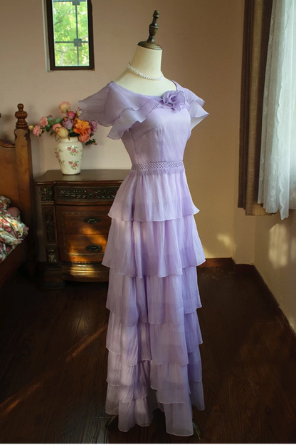 Lavender Off Shoulder Tiered Chiffon Formal Dress with 3D Flower L033