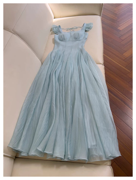 Light Blue Chiffon Bridesmaid Dress Square Neck Ruffle Sleeve Long Formal Dress F0432