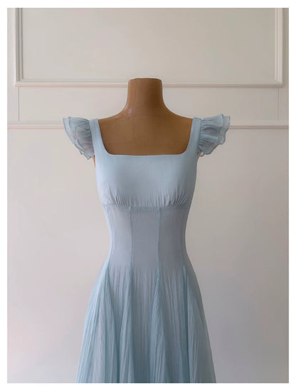Light Blue Chiffon Bridesmaid Dress Square Neck Ruffle Sleeve Long Formal Dress F0432