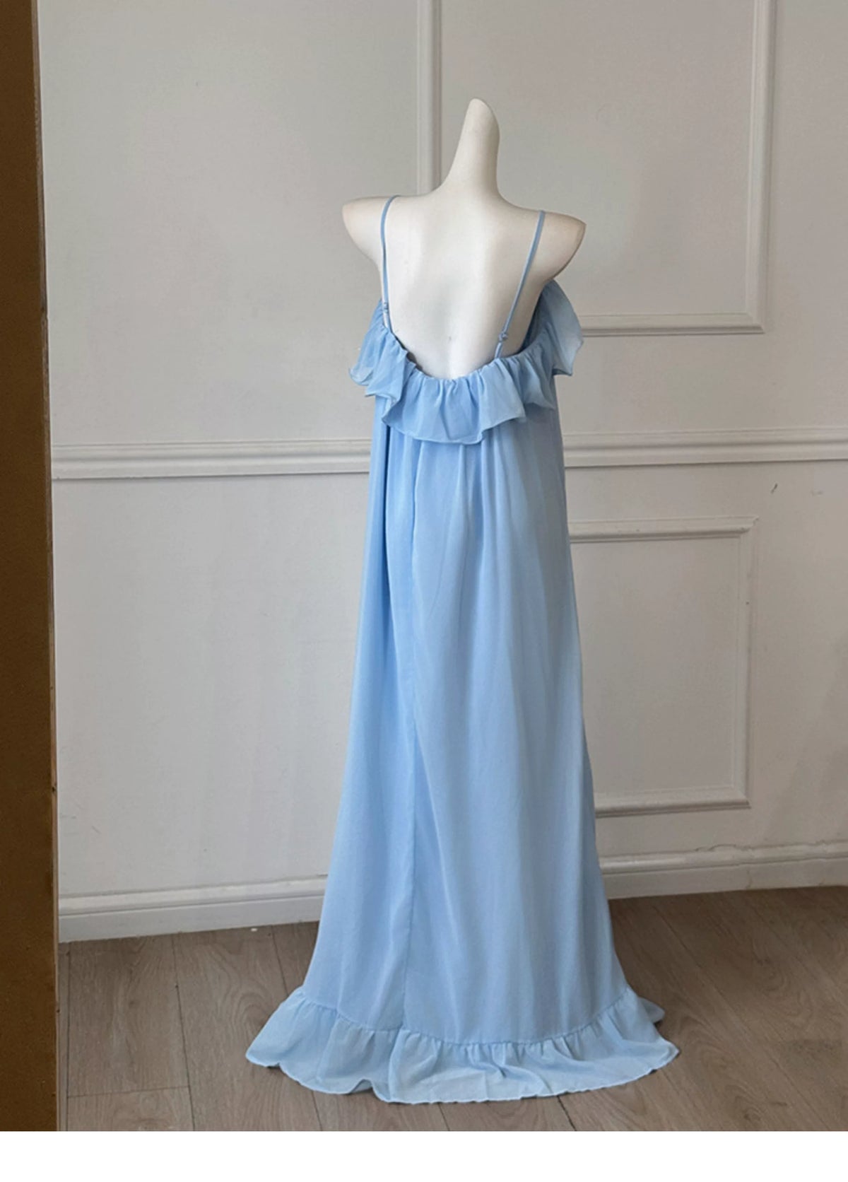 Light Blue Chiffon Spaghetti Strap Flowy Bridesmaid Dress F0457