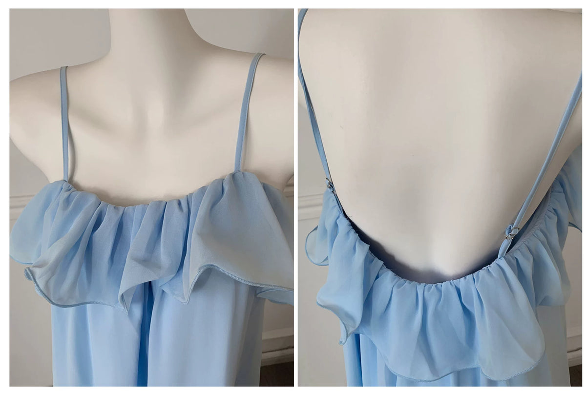 Light Blue Chiffon Spaghetti Strap Flowy Bridesmaid Dress F0457