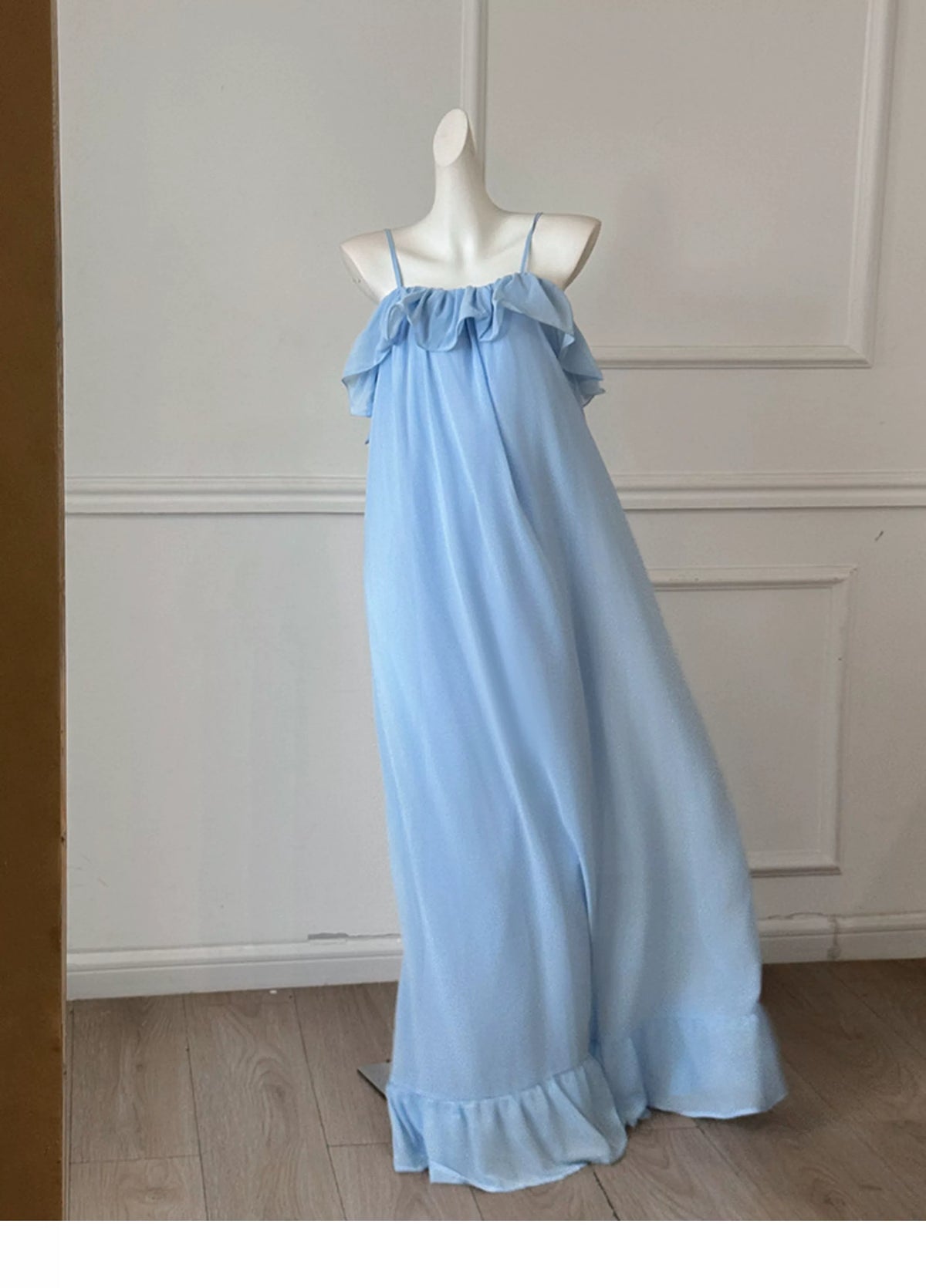 Light Blue Chiffon Spaghetti Strap Flowy Bridesmaid Dress F0457