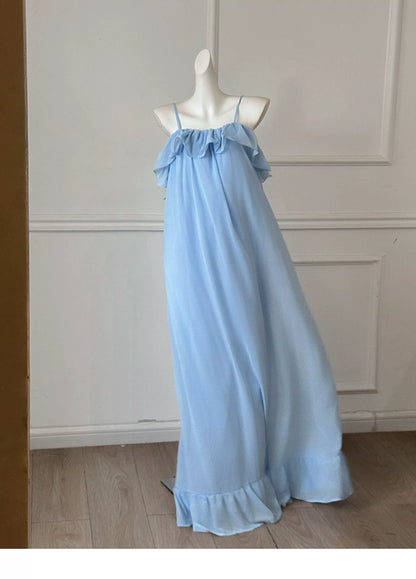 Light Blue Chiffon Spaghetti Strap Flowy Bridesmaid Dress F0457