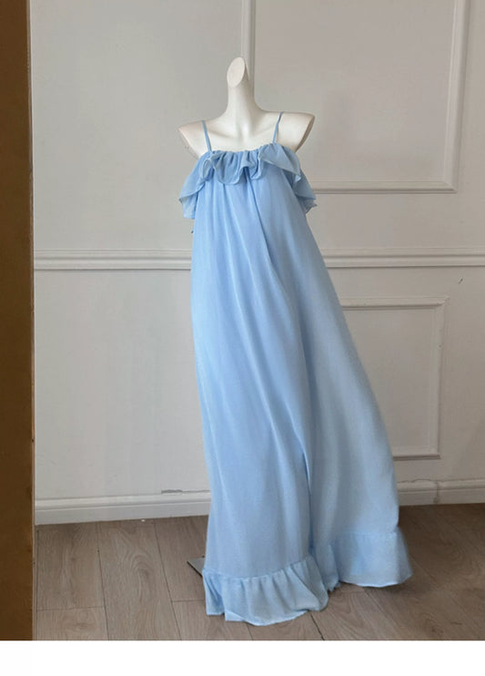 Light Blue Chiffon Spaghetti Strap Flowy Bridesmaid Dress F0457
