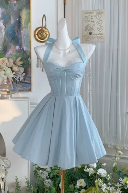 Light Blue Halter Homecoming Dress Bow Lace Corset Short Swing Party Gown F0023
