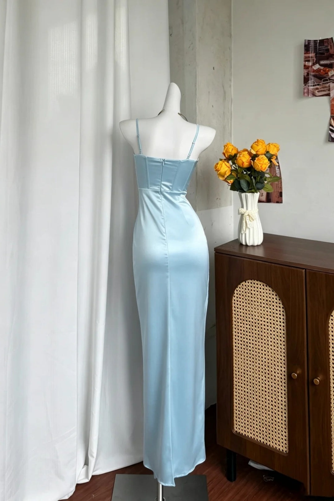 Light Blue Satin Slip Dress Cowl Neck Corset Midi Evening Gown F0385