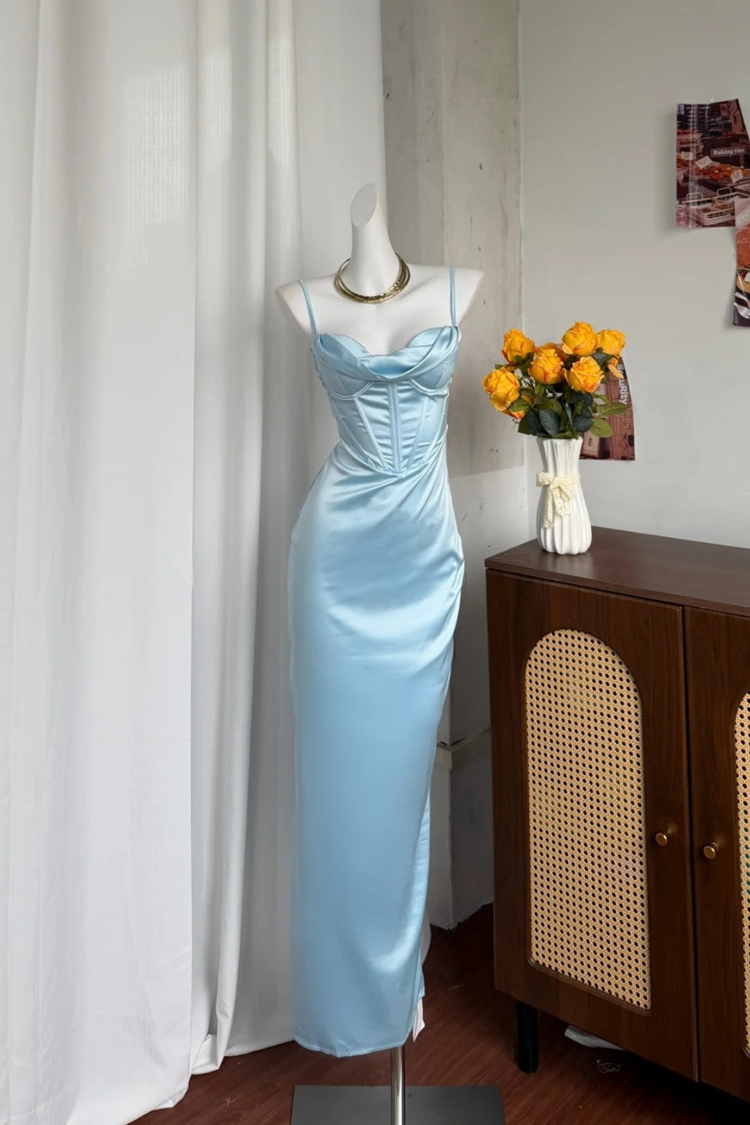 Light Blue Satin Slip Dress Cowl Neck Corset Midi Evening Gown F0385