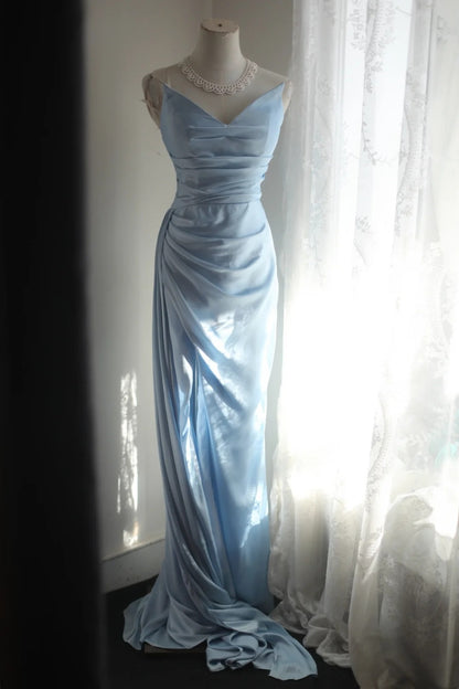 Light Blue Satin Spaghetti Strap Prom Dress, Formal Evening Gown F0409