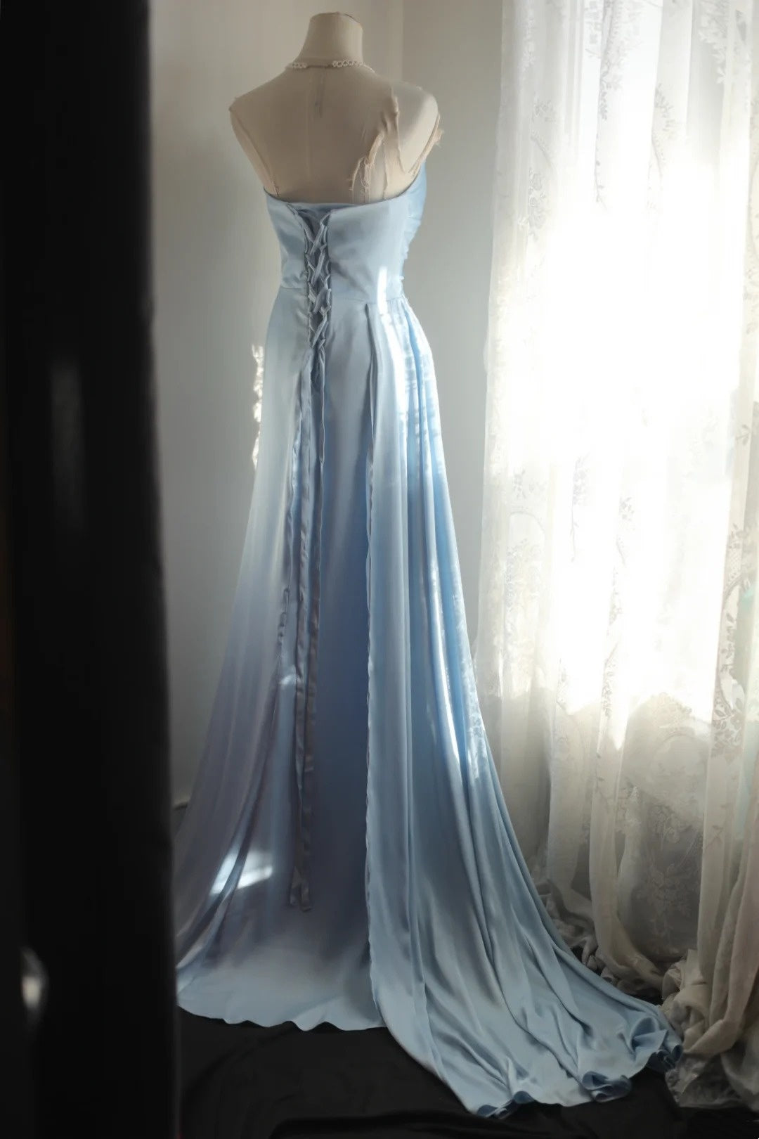 Light Blue Satin Spaghetti Strap Prom Dress, Formal Evening Gown F0409