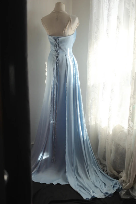Light Blue Satin Spaghetti Strap Prom Dress, Formal Evening Gown F0409