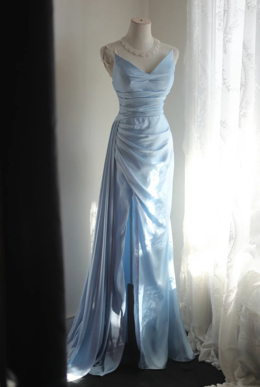 Light Blue Satin Spaghetti Strap Prom Dress, Formal Evening Gown F0409