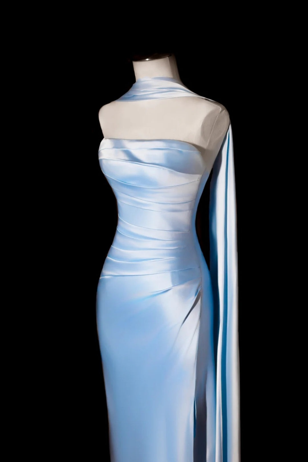 Light Blue Satin Strapless Evening Gown, Ruched Split Long Dress with Elegant Scarf Shawl F0372