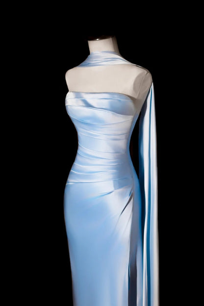 Light Blue Satin Strapless Evening Gown, Ruched Split Long Dress with Elegant Scarf Shawl F0372