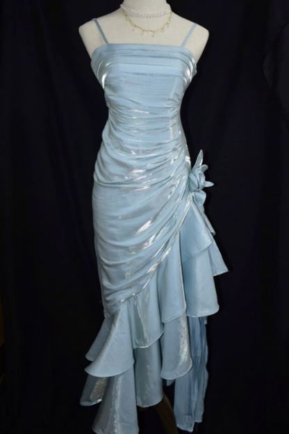 Light Blue Shiny Spaghetti Strap Formal Dress, Ruched Asymmetrical Ruffle Floral Party Dress L012