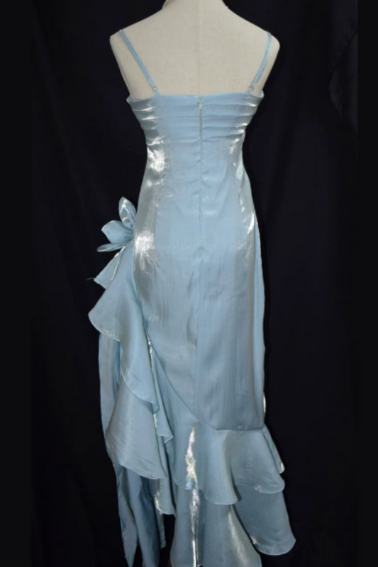 Light Blue Shiny Spaghetti Strap Formal Dress, Ruched Asymmetrical Ruffle Floral Party Dress L012