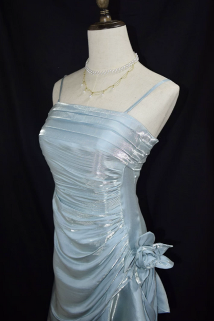 Light Blue Shiny Spaghetti Strap Formal Dress, Ruched Asymmetrical Ruffle Floral Party Dress L012