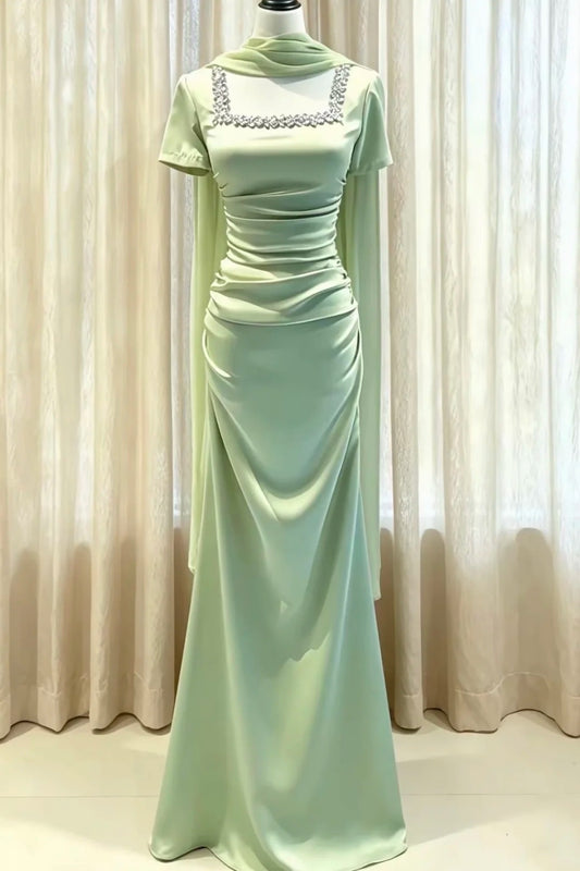 Light Green Satin Square Neck Mermaid Long Evening Dress F0510